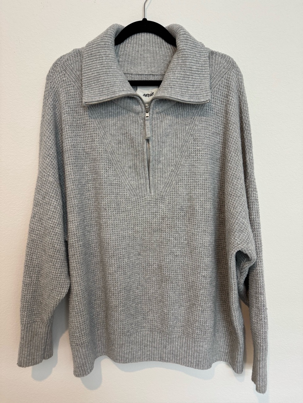 Aerie Waffle Knit Oversized Half Zip Long Sleeve Cozy Sweater Heather Gray